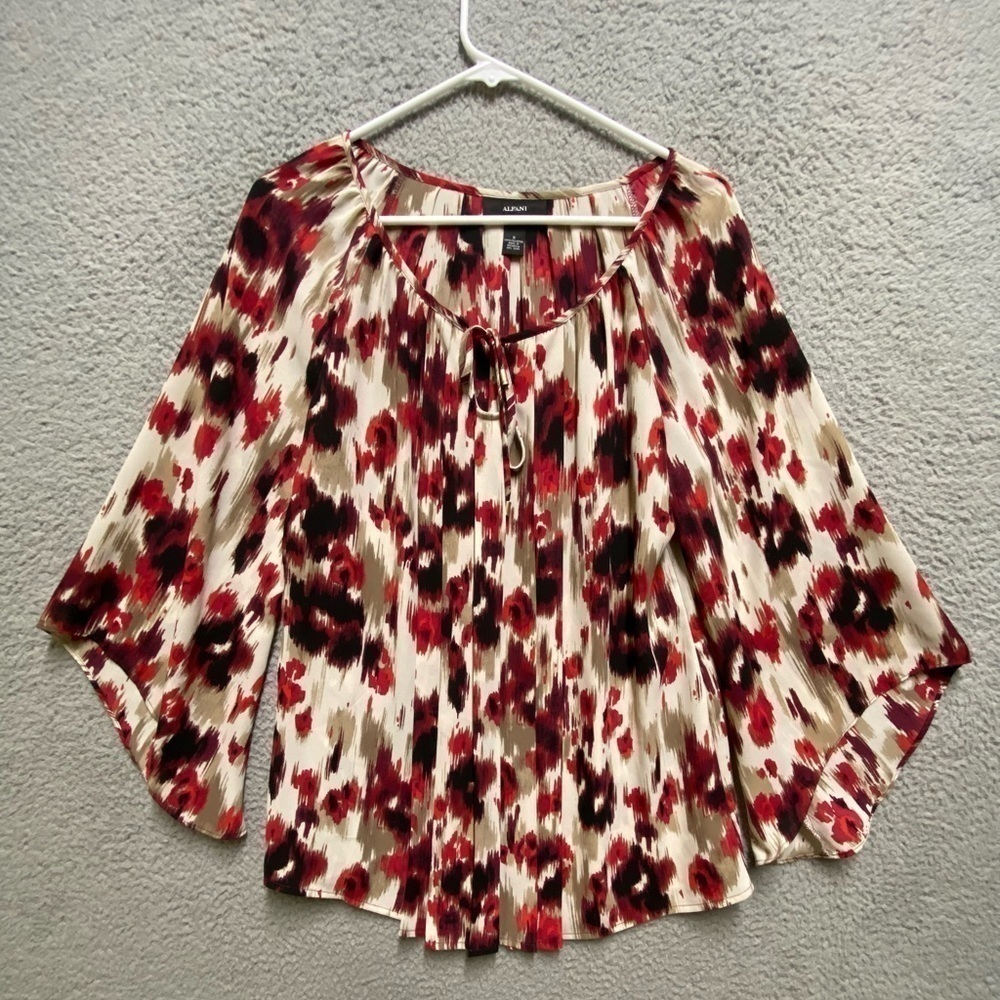 Alfani Blouse Womens 8 Red Black Sheer Floral 3/4 Sleeve Top Shirt